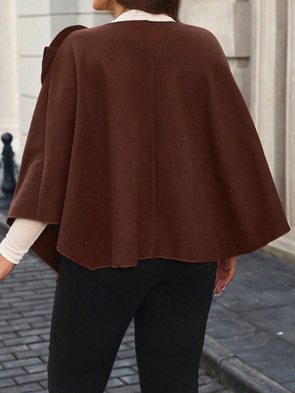 Brown Casual Women's Asymmetrical Hem Floral Decor Poncho Jacket - Picture 2 of 8
